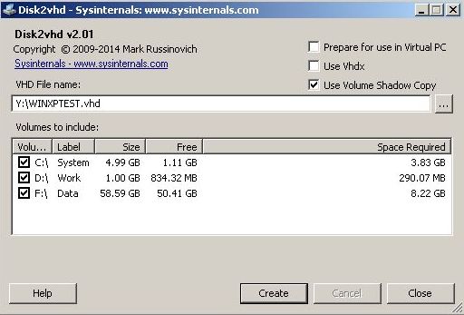 Программа создания файлов виртуальных машин Disk2vhd 2.01. Скачать бесплатно.