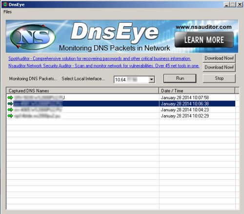 Сетевая утилита для перехвата пакетов
 протокола DNS DnsEye 1.5.9. Скачать бесплатно.