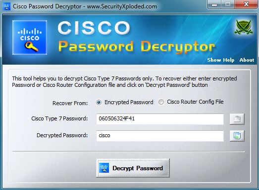 Утилита для расшифровки паролей в формате Cisco Type 7 Password - Cisco Password Decryptor. Скачать бесплатно.